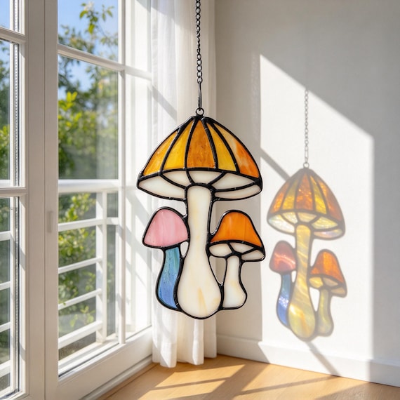 Stained-Glass Mushroom Sun Catcher, Natural-Style Window Decoration, Handcrafted Glass Ornament, Bohemian-Style Window D