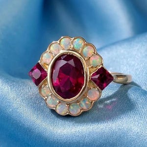 14K Rose Gold Plated Oval Ruby & Opal Floral Ring For Women | Red Ruby Statement Ring | Handmade Gemstone Jewelry | Special Occasion Gift.