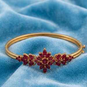 Ruby Flower Cluster Bangle Bracelet, Marquise Ruby Starburst Hinged Bangle, 14K Yellow Gold Plated, July Birthstone Statement Jewelry Gift.