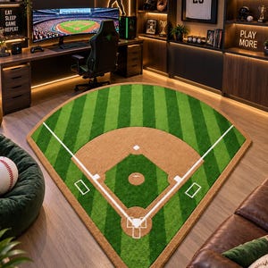 Peut inclure: Un grand tapis en forme d'éventail représentant un terrain de baseball, avec un motif d'herbe verte aux rayures alternées claires et foncées, un champ intérieur en terre battue brune, des lignes de base et un marbre blancs.