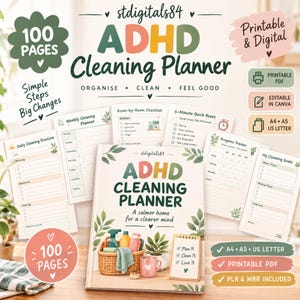May include: An ADHD Cleaning Planner with 100 pages, featuring a cover with a basket of cleaning supplies and a checklist. Includes various printable pages like a daily routine, weekly planner, room-by-room checklist, and progress tracker in A4, A5, and US Letter sizes.