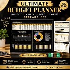 May include: Ultimate Budget Planner spreadsheet for Excel and Google Sheets. The digital interface displays an annual summary, income versus outflow line graphs, a pie chart of spending categories, and bar charts for savings and monthly budget tracking.