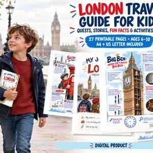 Peut inclure: Un guide de voyage de Londres pour enfants comprenant 27 pages imprimables avec des quêtes, des histoires, des faits amusants et des activités. Le produit numérique inclut les formats A4 et US Letter pour les 6-10 ans, illustrant Big Ben.