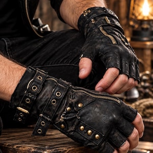 以下が含まれることがあります： 真鍮色の金具が付いた指なしの黒いレザーグローブ。複数の調節可能なバックルストラップ、手の甲を横切る斜めのジッパー、そして指の関節に沿って並んだ小さな金属製のスタッドが特徴で、質感のある外観に仕上がっています。