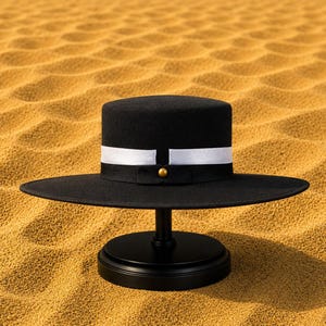 May include: A black flat-brimmed hat with a flat crown, featuring a white ribbon band encircling the base. A thin black ribbon layer sits over the white band, accented by a small, centred gold-toned circular stud detail on the front.
