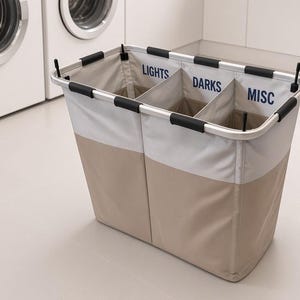 May include: A three-section laundry hamper with a silver metal frame and black plastic connectors. The fabric body is beige on the bottom and light gray on top, featuring the blue printed text labels LIGHTS, DARKS, and MISC on the interior dividers.