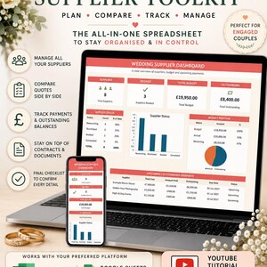 Könnte beinhalten: Ein digitales Hochzeits-Dienstleister-Toolkit auf einem Laptop- und Smartphone-Bildschirm, mit einem Dashboard für Budgetverfolgung, Statusdiagrammen und Zahlungstabellen. Die Benutzeroberfläche enthält Textbeschriftungen zum Planen, Vergleichen, Nachverfolgen und Verwalten von Anbietern sowie Symbole für die Kompatibilität mit Excel und Google Sheets.