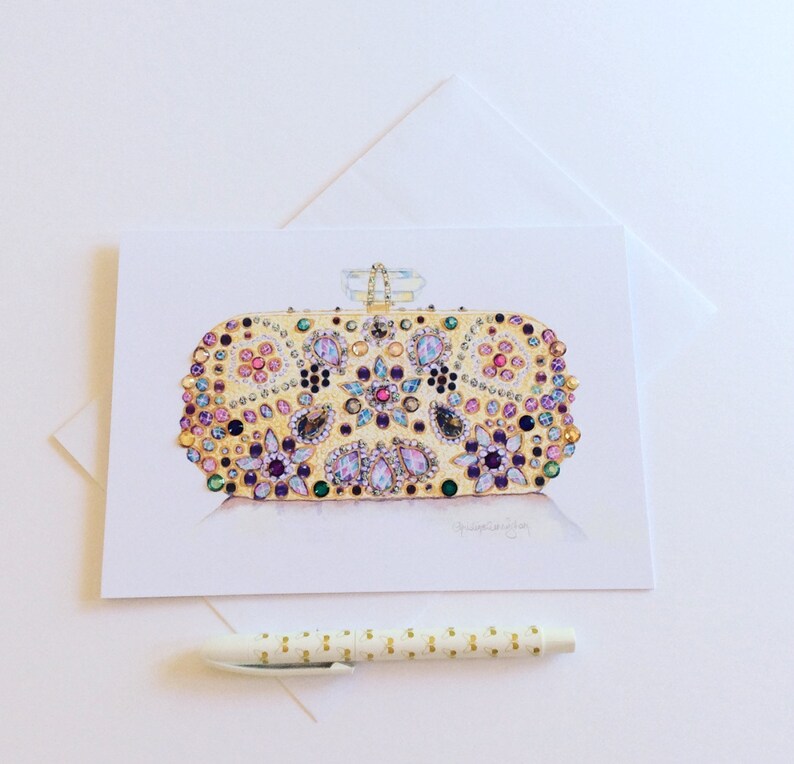 Gold Beaded Bag Greeting Card Fashion Art 6x8in Watercolour Print Crystal Embellished Handcrafted Card Birthday Card Someone Special Notelet