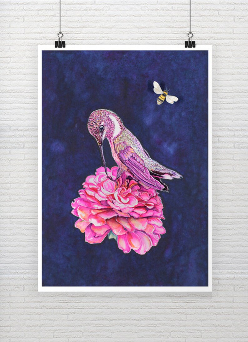 Hummingbird /& Flower Watercolor Print Flower Art Print Hummingbird Art Floral Print Bird Print Hummingbird Watercolor Art Print Pink Dahlia
