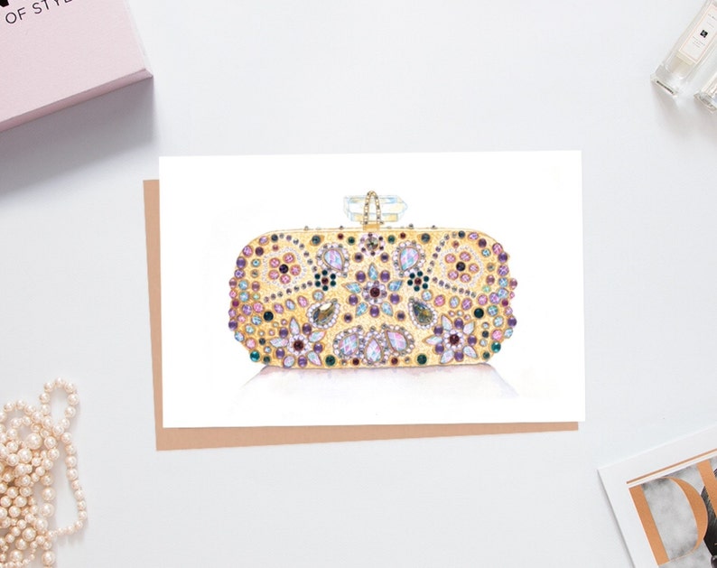 Gold Beaded Bag Greeting Card Fashion Art 6x8in Watercolour Print Crystal Embellished Handcrafted Card Birthday Card Someone Special Notelet