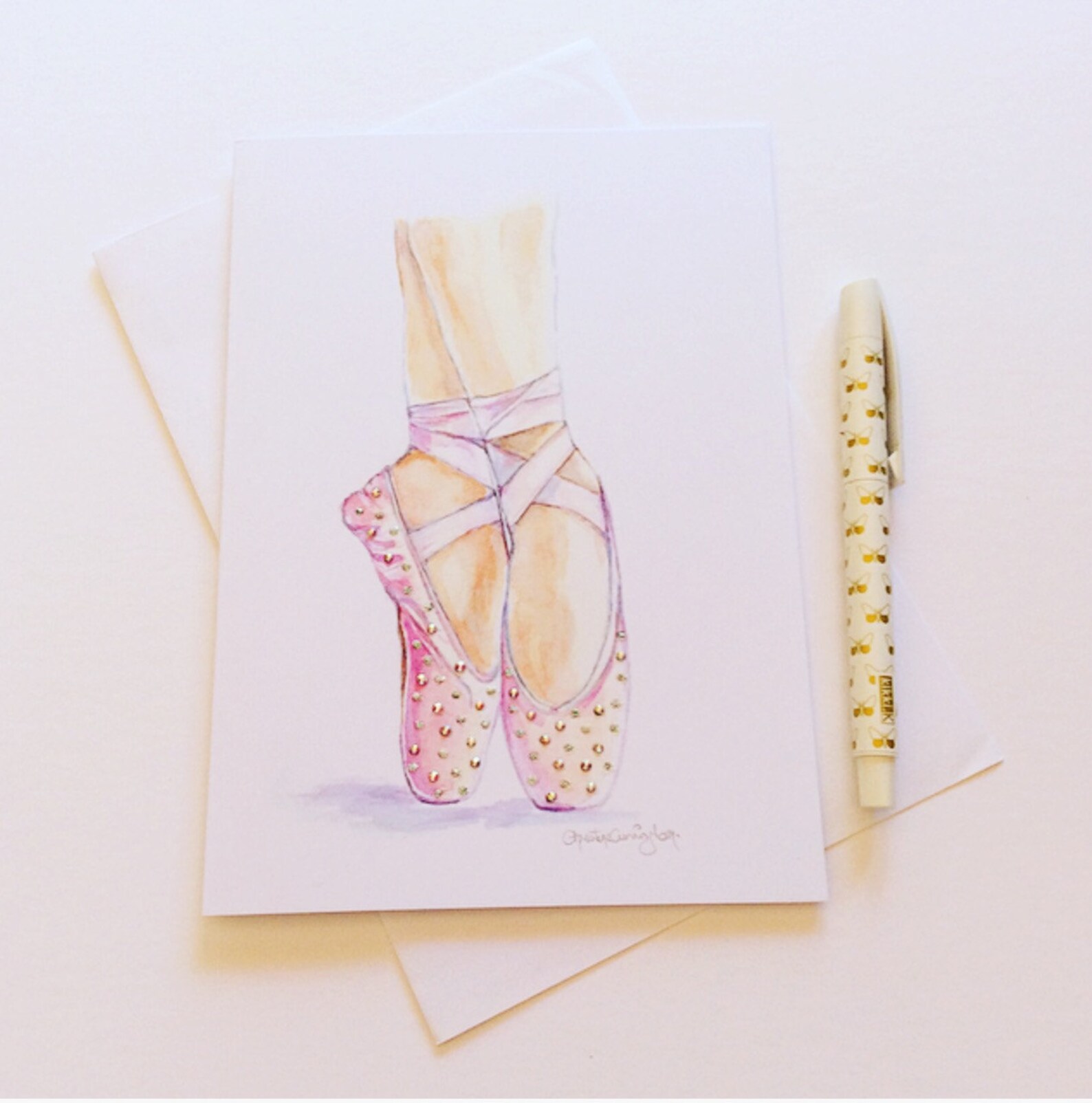 ballet art greeting card 6x8ins.print blank card crystal embellished ballet pointe shoes dance shoes card ballerina dance teache