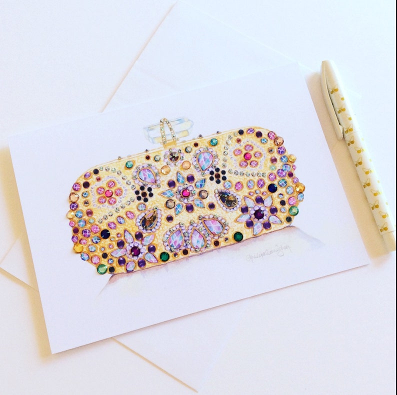 Gold Beaded Bag Greeting Card Fashion Art 6x8in Watercolour Print Crystal Embellished Handcrafted Card Birthday Card Someone Special Notelet