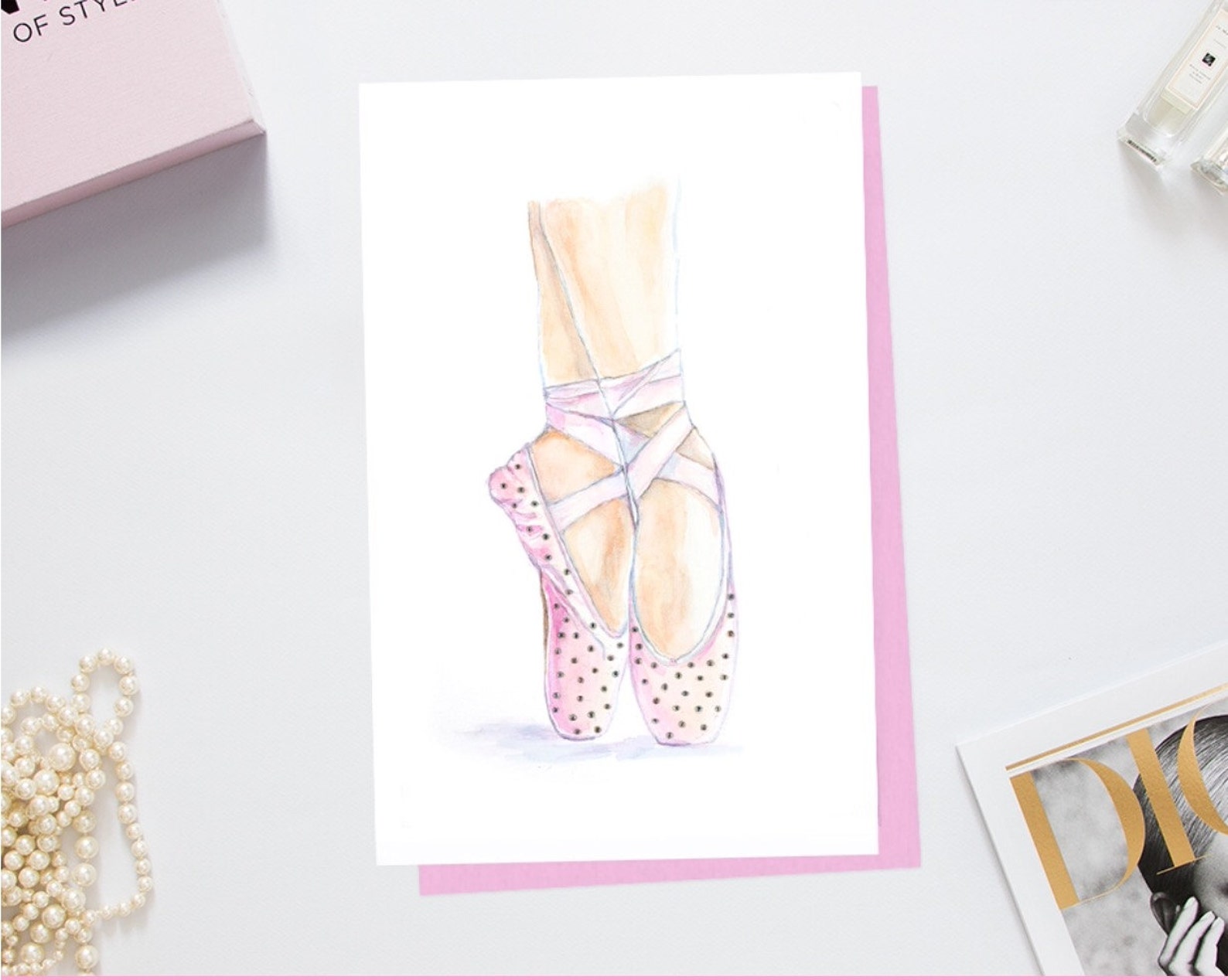 ballet art greeting card 6x8ins.print blank card crystal embellished ballet pointe shoes dance shoes card ballerina dance teache