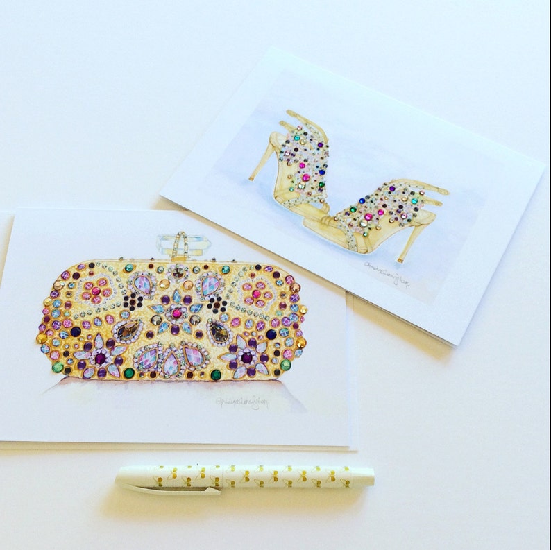 Gold Beaded Bag Greeting Card Fashion Art 6x8in Watercolour Print Crystal Embellished Handcrafted Card Birthday Card Someone Special Notelet