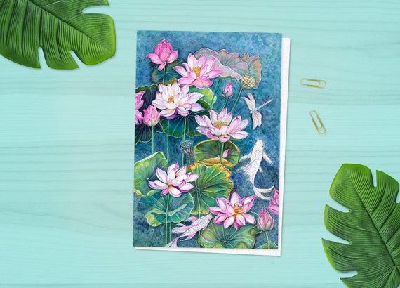 Koi fish swimming in pond with water lilies oil painting print blank stationery notecard greeting card 4 x 6 and 5 x 7 sizes