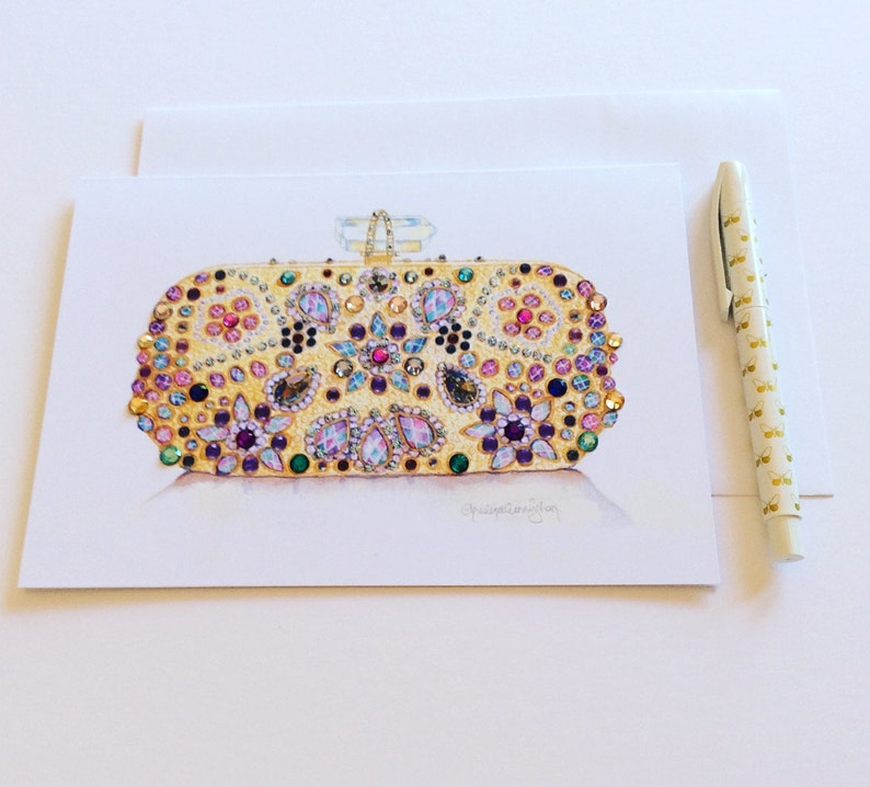 Gold Beaded Bag Greeting Card Fashion Art 6x8in Watercolour Print Crystal Embellished Handcrafted Card Birthday Card Someone Special Notelet