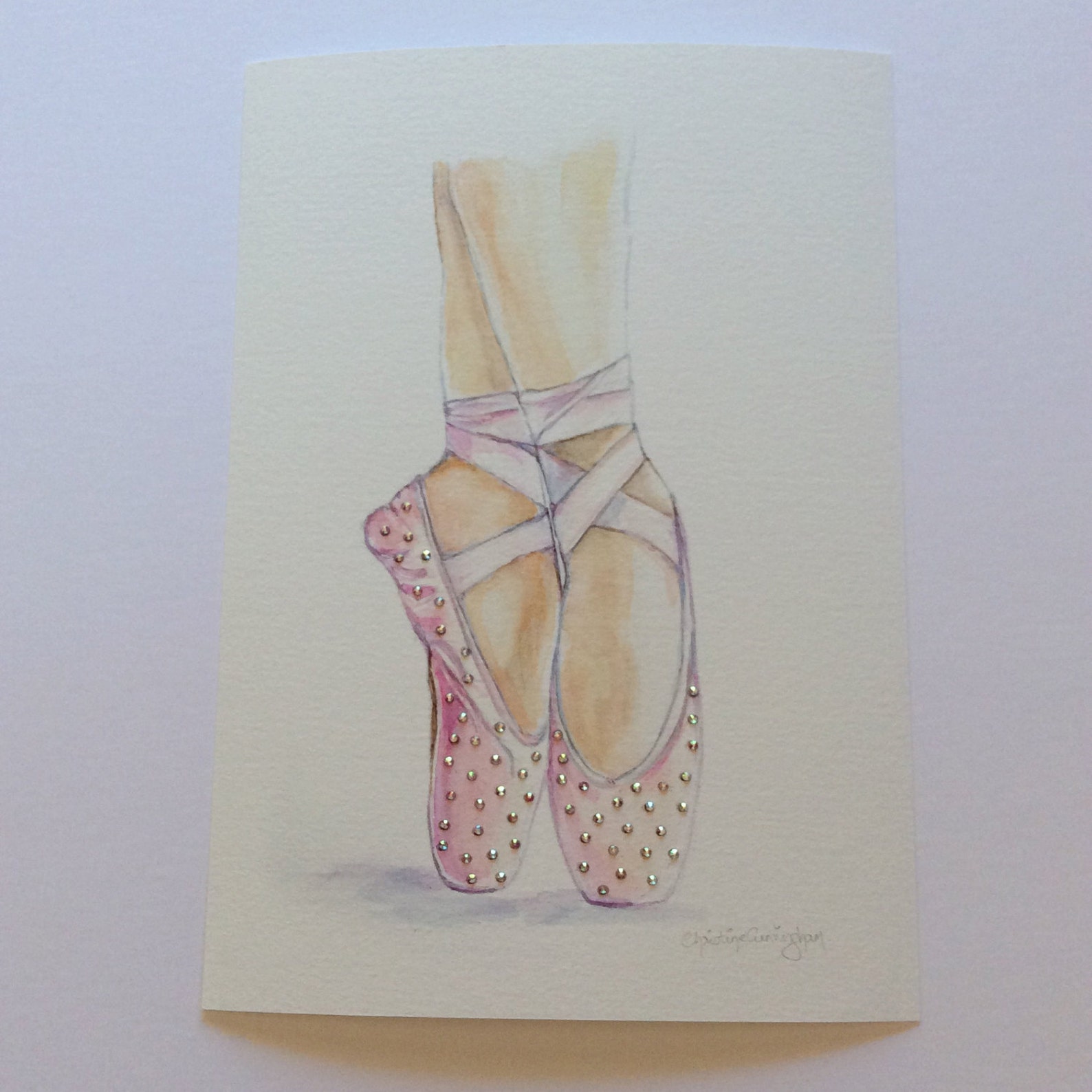 ballet art greeting card 6x8ins.print blank card crystal embellished ballet pointe shoes dance shoes card ballerina dance teache
