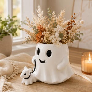 Maceta con forma de fantasma y figura de perro, maceta de cerámica para Halloween, soporte para suculentas de la temporada espeluznante, decoración de fantasmas para el hogar, decoración de mesa de otoño