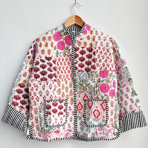 Chaqueta acolchada de algodón con retazos, estilo bohemio, abrigo de invierno, chaqueta corta reversible para mujer, hecha a mano.