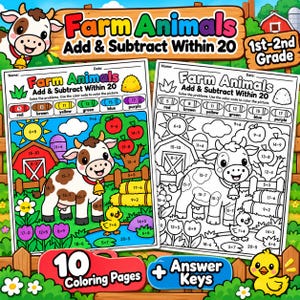 Può includere: Due schede didattiche di matematica intitolate Farm Animals Add & Subtract Within 20, con una legenda a colori per i numeri 5, 8, 11, 12, 15 e 17. Un foglio è colorato con una mucca e un pulcino, l'altro è un contorno in bianco e nero.
