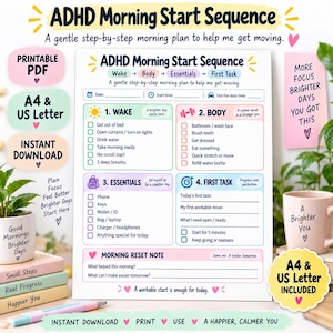 May include: A printable ADHD Morning Start Sequence checklist featuring four color-coded sections: Wake, Body, Essentials, and First Task. The document includes checkboxes for daily routines, space for notes, and the text ADHD Morning Start Sequence.