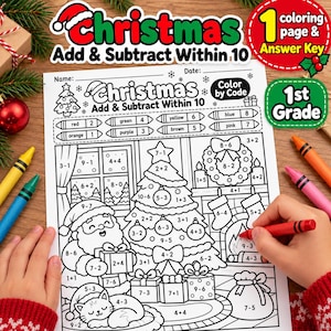 May include: A black and white Christmas-themed color-by-code math worksheet featuring addition and subtraction problems within 10. The page displays a decorated tree, Santa Claus, a cat, a wreath, and stockings with math equations.
