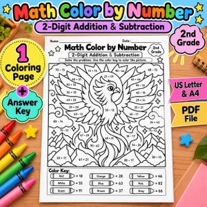 2nd Grade Math Practice: Phoenix Coloring Page, 2-Digit Addition & Subtraction