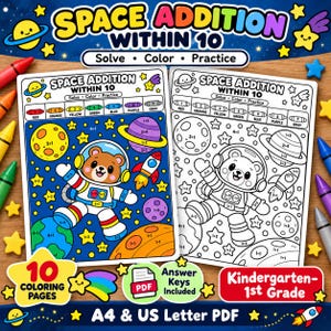 Könnte beinhalten: Zwei pädagogische Arbeitsblätter mit dem Titel Space Addition Within 10, die einen Bären-Astronauten, Planeten und Sterne zeigen. Ein Blatt ist farbig, das andere schwarz-weiß. Beide enthalten einen Farbcode und Additionsaufgaben.