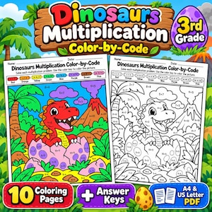 Schede di moltiplicazione a tema dinosauri: 10 pagine da colorare in base al codice (download digitale)