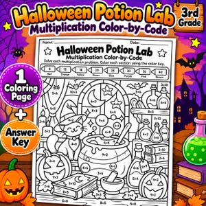 Multiplikations-Malen-nach-Code-Arbeitsblatt, Halloween-Zaubertranklabor, Mathematik-Arbeitsblatt für die 3. Klasse (zum Ausdrucken)