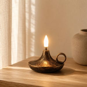 May include: A decorative oil lamp with a distressed bronze finish, featuring a wide, low-profile base, a small circular side handle, and a single upright flame-shaped light bulb emitting a warm, soft glow from the centre of the fixture.
