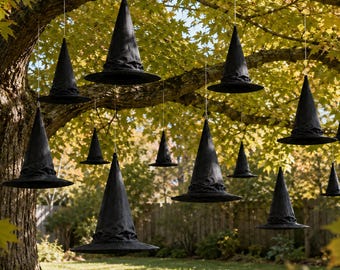 24 PCS Hanging Witch Hats, Floating Witch Hats for Halloween, Outdoor Halloween Decorations for Porch, Yard & Tree, Black Witch Hat Decor