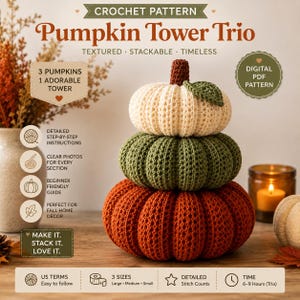 Peut inclure: Un modèle de crochet PDF numérique intitulé Pumpkin Tower Trio présentant trois citrouilles empilables en crème, vert olive et orange brûlé. Le document comprend des instructions détaillées, des photos claires et trois tailles.