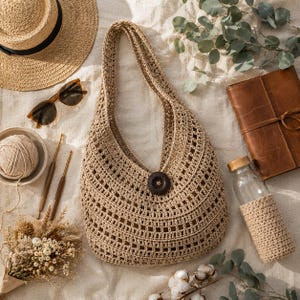 Puede incluir: Un bolso hobo de ganchillo en color beige con un patrón de rejilla calado y un cierre de botón circular de color marrón oscuro. El bolso tiene una correa ancha para el hombro y está hecho de hilo texturizado, con un diseño flexible.