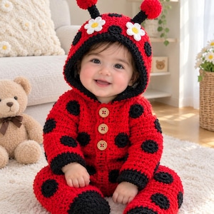 May include: A red and black crocheted ladybug onesie with a hood featuring two red pom-poms on top and two white flower appliqués. The garment has long sleeves, black cuffs, and three light brown wooden buttons down the center front chest area.