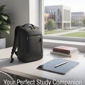 Può includere: Uno zaino grigio antracite con maniglia superiore, scomparti multipli con cerniera e spallacci regolabili. Lo zaino è posizionato su una scrivania bianca accanto a una pila di tre libri e un tablet con un pennino appoggiato sulla superficie.