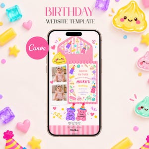 May include: A smartphone displaying a digital birthday website template with a pink striped theme, featuring cartoon gummy bear graphics, party hats, and text that reads Squish on Over, Milka's Birthday, RSVP, and Click to Details.