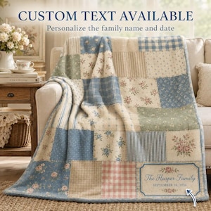 May include: A patchwork quilt featuring a variety of blue, green, and beige fabric squares with floral, plaid, and striped patterns. The bottom right corner displays a rectangular label with the text The Harper Family SEPTEMBER 18, 2026.