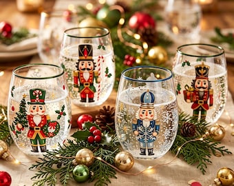 Set of 4 Hand-Christmas Wine Glasses,Winter Holiday Drinkware,Xmas Housewarming Gift,Secret Santa Gift,Festive Holiday Table Decoration