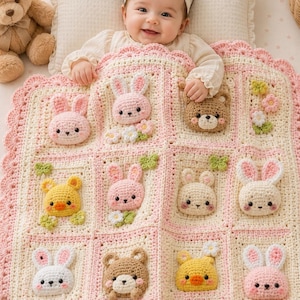 Pode incluir: Uma manta de bebé em croché nas cores creme e rosa com um padrão de grelha e várias aplicações de animais em três dimensões, incluindo coelhos, ursos e pintainhos, acentuada com pequenas flores em croché e uma borda festonada.