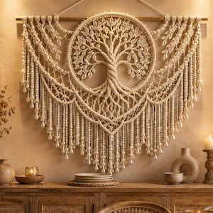 May include: A large cream-colored macrame wall hanging featuring a central tree of life design within a circular frame. The piece is suspended from a wooden rod and includes intricate knotted patterns, hanging fringe, and decorative beads throughout.