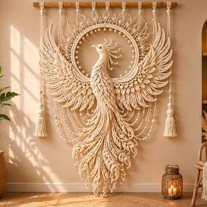 May include: A large, off-white macramé wall hanging featuring an intricate peacock design. The bird is centered within a circular frame, with expansive, detailed wings and a long, flowing tail made of knotted cord. Two long tassels hang from the wooden rod.