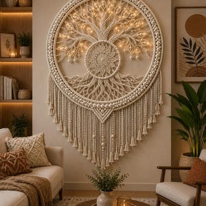 May include: A large circular macrame wall hanging featuring a central tree of life design with integrated warm white fairy lights. The piece is crafted from off-white cord, accented with numerous white beads, and finished with long fringe tassels.