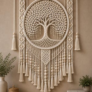 Op de afbeelding: Een grote gebroken witte macramé wandhanger met een centrale ronde ring met een gedetailleerd levensboomontwerp van geknoopt koord en houten kralen. Het stuk bevat lange verticale zijpanelen, ingewikkelde knopen en meerdere kwastjes.