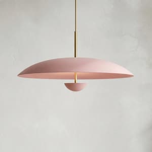Mid-Century Modern Saucery Pendellampa, Rosa Tvåvånings Hänglampa, Minimalistisk Bauhaus Mässingsarmatur, Unik Designer Takbelysning