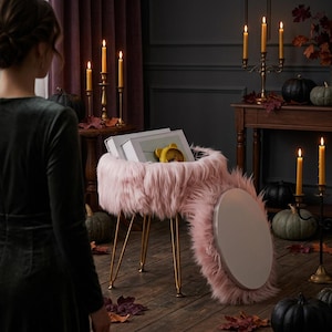 Storage Ottoman, Round Faux Fur Vanity Stool, Makeup Seat, Bedroom Foot Rest, Dressing Table Stool, Dorm Room Decor Gift