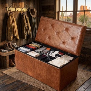 Peut inclure: Un pouf de rangement rectangulaire en similicuir marron avec un couvercle capitonné à charnières ouvert, révélant un intérieur rempli de chaussettes soigneusement pliées de différentes couleurs et motifs, notamment blanc, gris, noir, bleu et rayé.