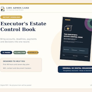 Puede incluir: Un libro digital de control de patrimonio en formato A4. La cubierta azul oscuro presenta texto blanco, un icono de moneda dorada y acentos circulares morados. Incluye 72 páginas, función de PDF rellenable y rastreadores de documentos.