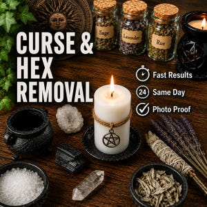 May include: A white pillar candle with a pentacle charm on a twine cord, surrounded by glass jars of sage, lavender, and rue, a black cauldron, crystals, and dried herbs. Text reads: CURSE & HEX REMOVAL, Fast Results, 24 Same Day, Photo Proof.