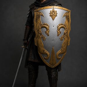 May include: A large heater shield featuring a metallic silver center with two gold-colored dragon reliefs and a central sunburst emblem. The shield has a gold-colored border with decorative rivets and is held alongside a long, slender steel sword.